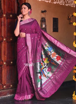 Dhun ~ Exclusive Siver  Zari - Authentic Handloom Cotton Paithani in Wine Color with Silver Zari and Parrots Pallu