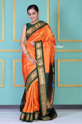 ROYAL WEAVE! Authentic Pure Silk Handloom Orange Maharani Paithani with exclusive Green Peacock Pallu.
