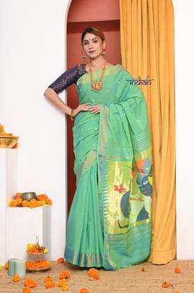 Traditional Handloom Pure Cotton Paithani With Handwoven Radha Krishna Pallu ~ Green