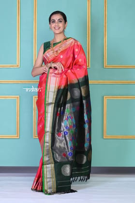 ROYAL WEAVE! Authentic Pure Silk Handloom Magenta Pink Maharani Paithani with exclusive Green Peacock Pallu.