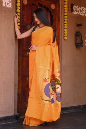 Traditional Handloom Pure Cotton Paithani With Handwoven Radha Krishna Pallu ~ Turmeric Yellow