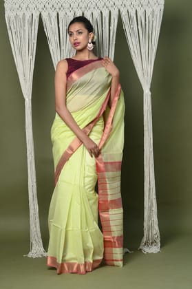 Handloom Cotton Silk Maheshwari Saree With Sleek Golden Border~chartreuse green