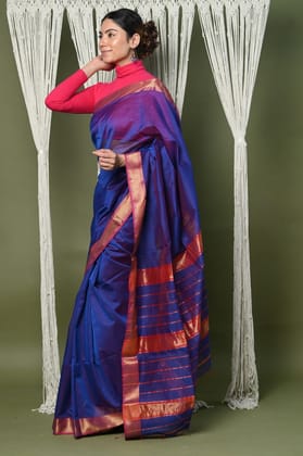 Handloom Cotton Silk Maheshwari Saree With Sleek Golden Border~dark blue