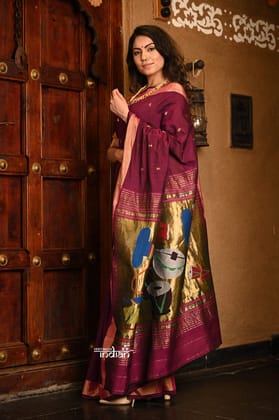 Dhun ~ Authentic Handloom Cotton Paithani in Wine Color and Golden Instrumental Pallu
