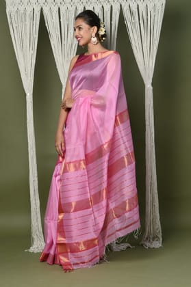 Handloom Cotton Silk Maheshwari Saree With Sleek Golden Border~rose pink