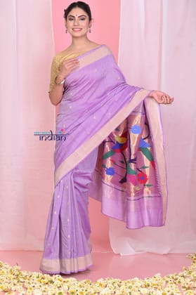 Traditional Handloom Pure Cotton Paithani With Handwoven Parrot Pallu ~ Lilac