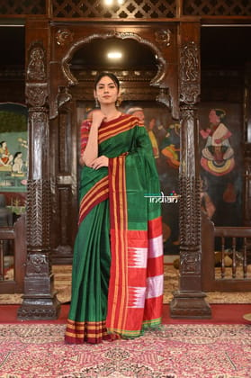 Handloom Cotton Viscose Ilkal Saree With Pure Resham Pallu ? Bright Green With Red Border