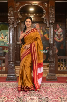 Handloom Cotton Viscose Ilkal Saree With Pure Resham Pallu ? Bright Beige Yellow With Red Border