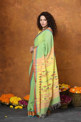 Handloom Pure Cotton Jijamata Paithani Saree With Traditional Double Pallu~Parrot Green