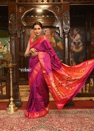 Authentic High Quality Pure Silk Paithani With Most Traditional Double Pallu~Magenta with Contrast Pink