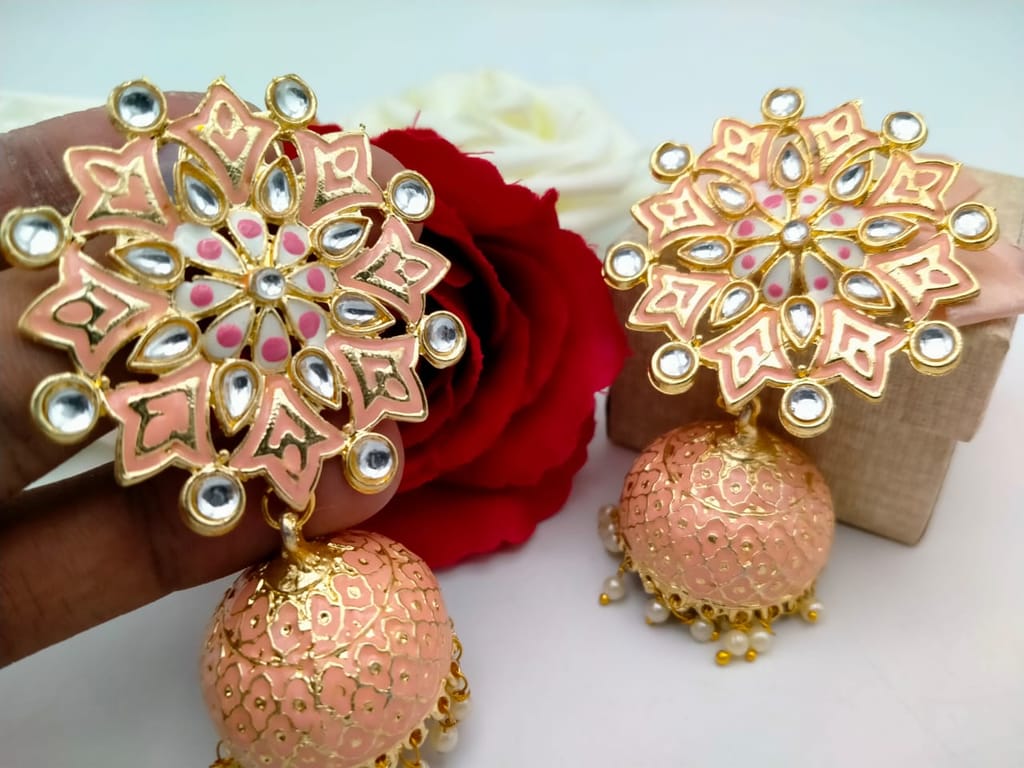 Stylish Ethnic Peach Color Gold Plated Jhumki Earrings for Women - Earrings | Buy online on ZillyBuy