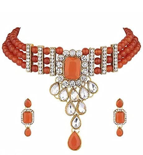 Nakoda Art Jewellery Orange Beads Square Kundan Choker Necklace Set with Earrings - Jewellery Sets | Buy online on ZillyBuy
