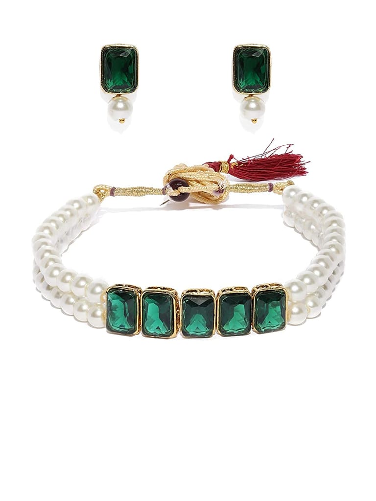 Gold Plated Traditional Crystal Stone Pearl Studded Choker Necklace Jewellery Set for Women (Green) - Jewellery Sets | Buy online on ZillyBuy