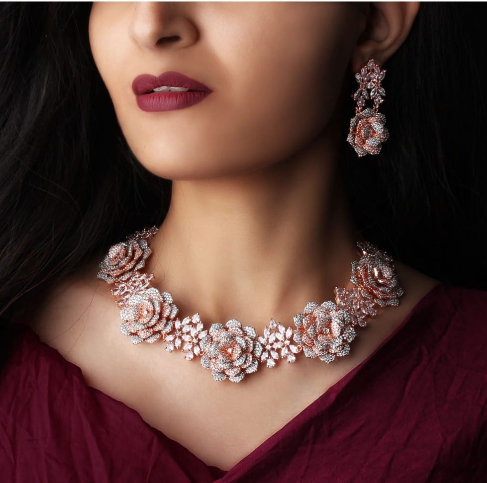 Party wear American diamond gold jewellery set with earings - Jewellery Sets | Buy online on ZillyBuy