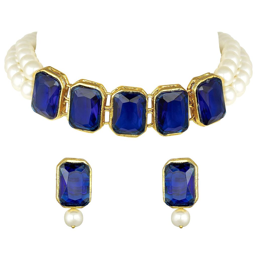 Gold Plated Traditional Crystal Stone Pearl Studded Choker Necklace Jewellery Set for Women (Blue) - Jewellery Sets | Buy online on ZillyBuy