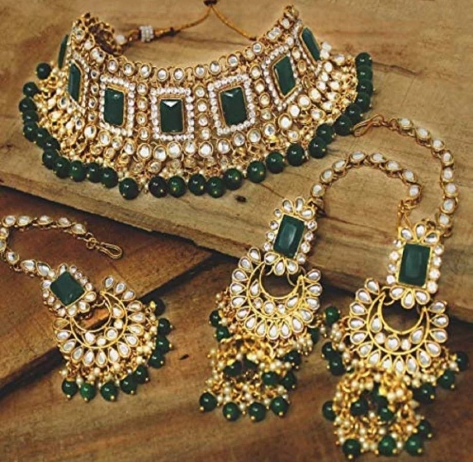 Classic Design Gold plated Green Color Choker Necklace Earring with maangtikka set for women - Jewellery Sets | Buy online on ZillyBuy