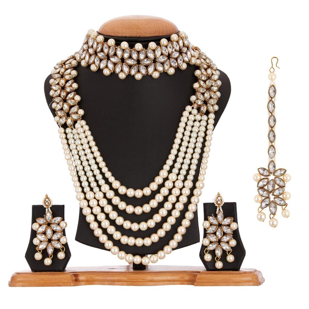 Sets for Women Gold Plated Bridal Long Necklace Set Neck Choker with Earrings and Maang Tikka for Women & Girls - Jewellery Sets | Buy online on ZillyBuy