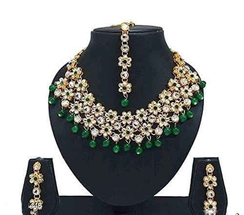 Nakoda Art Jewellery Gold Plated White Necklace Set for Women (Green Beads)