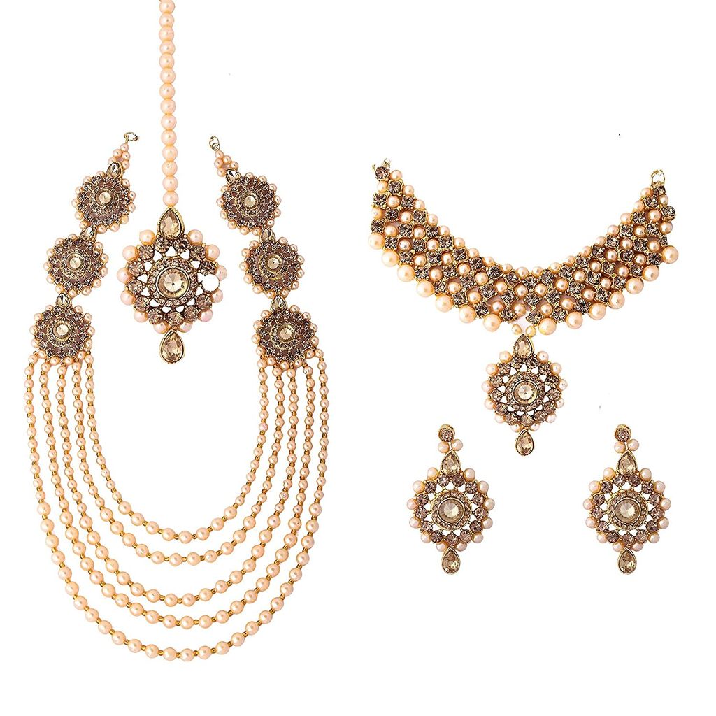 Artificial Jewelry Designer Rani Haar Chokar Set Stone & Pearl Necklace set with Jhumka Earrings & Mangtika for Women bridle wedding Patwa Jewellery Set - (Gold) - Jewellery Sets | Buy online on ZillyBuy