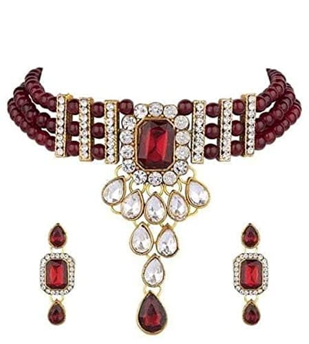 Nakoda Art Jewellery Maroon Beads Kundan Choker Necklace Set with Earrings - Jewellery Sets | Buy online on ZillyBuy