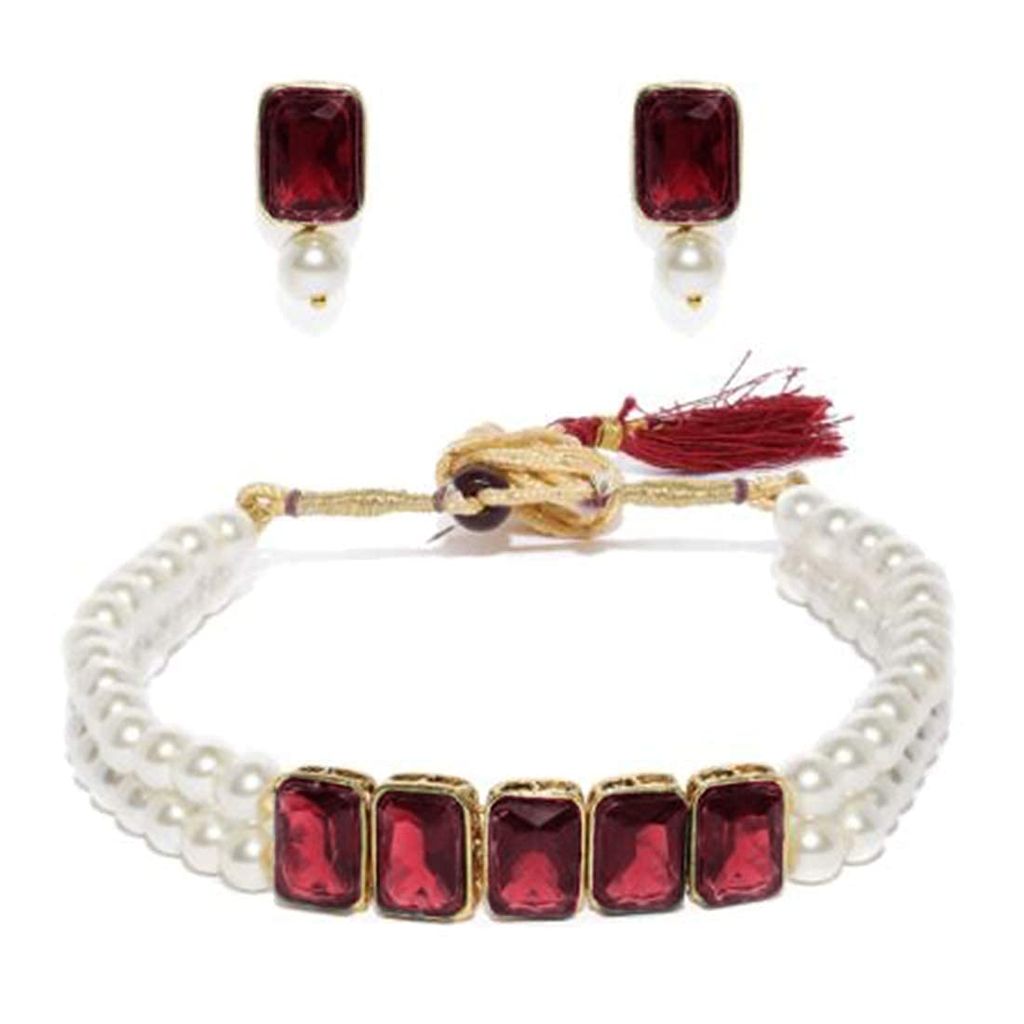Gold Plated Traditional Crystal Stone Pearl Studded Choker Necklace Jewellery Set for Women (Red) - Jewellery Sets | Buy online on ZillyBuy