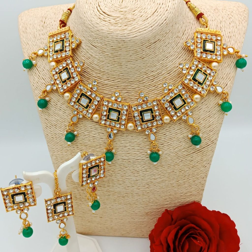 Ethnic Bridal Gold Plated Green Meenakari necklace set with earings and maangtika. - Jewellery Sets | Buy online on ZillyBuy