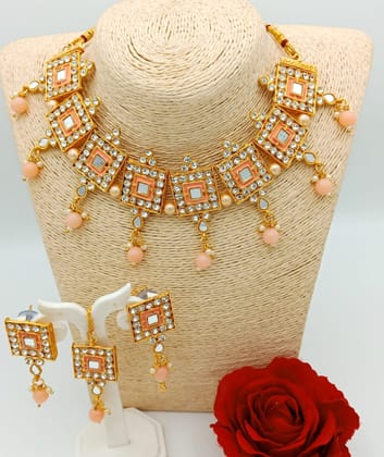 Party wear Peach Meenakari gold jewellery set with earings & mangtika