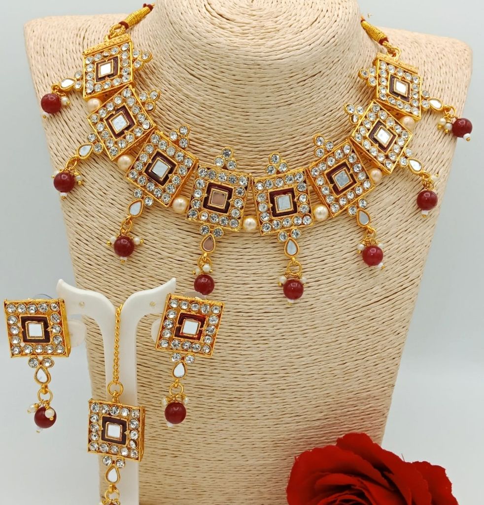 Ethnic Bridal Gold Plated Mroon Meenakari necklace set with earings and maangtika. - Jewellery Sets | Buy online on ZillyBuy