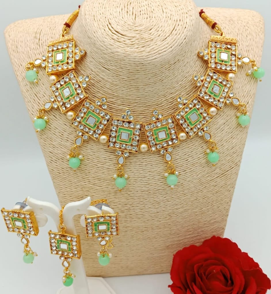 Ethnic Bridal Gold Plated Mint Green Meenakari necklace set with earings and maangtika. - Jewellery Sets | Buy online on ZillyBuy