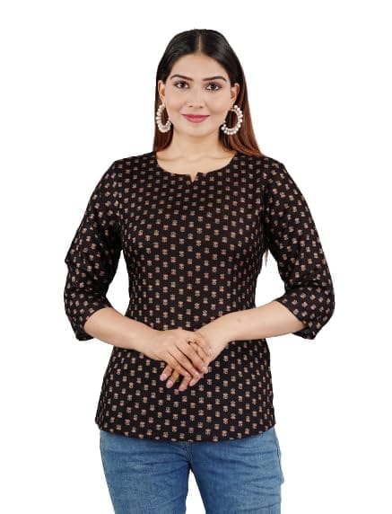 TRISHIKHA Casual Regular Sleeves Printed Women Black Top