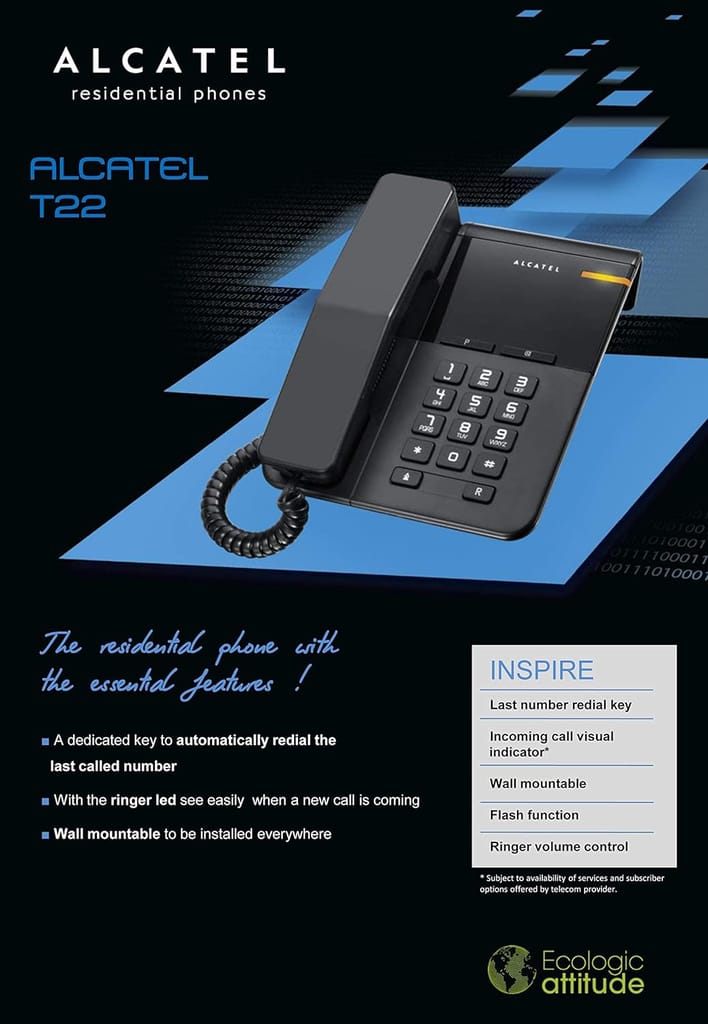 Alcatel T22 Corded landline Phone with Flashing Visual Ringer Indicator (Black)