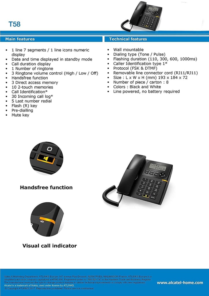 Alcatel T58 Corded Landline Phone With Display & Speaker (Black)