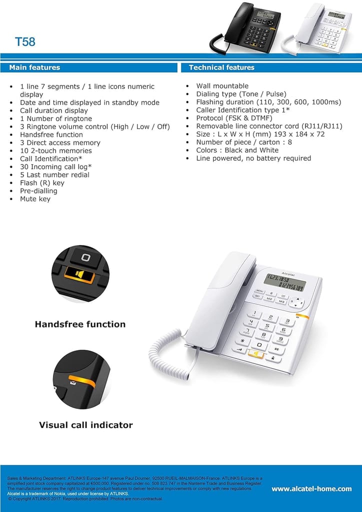 Alcatel T58 Corded Landline Phone With Display & Speaker (White)