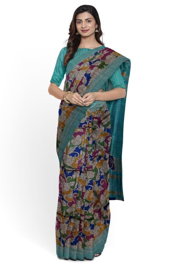 Turquoise Blue Tussar Silk Saree