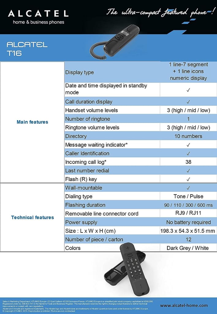 Alcatel T16 Ultra Compact Corded Landline Phone with Caller ID Wall Mounted (Black)