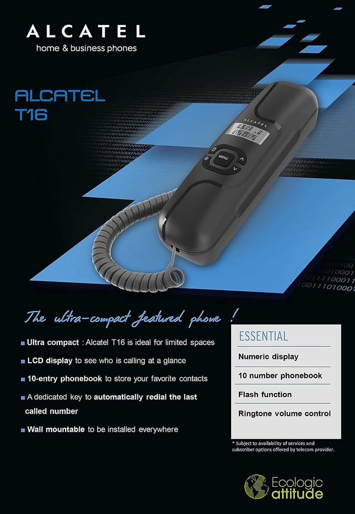 Alcatel T16 Ultra Compact Corded Landline Phone with Caller ID Wall Mounted (Black)