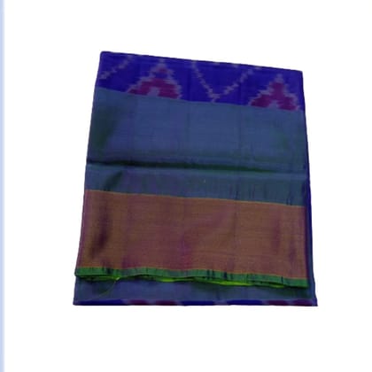 Ikat soft silk saree light green and blue witha allover ikat weaves and zari woven ikat border