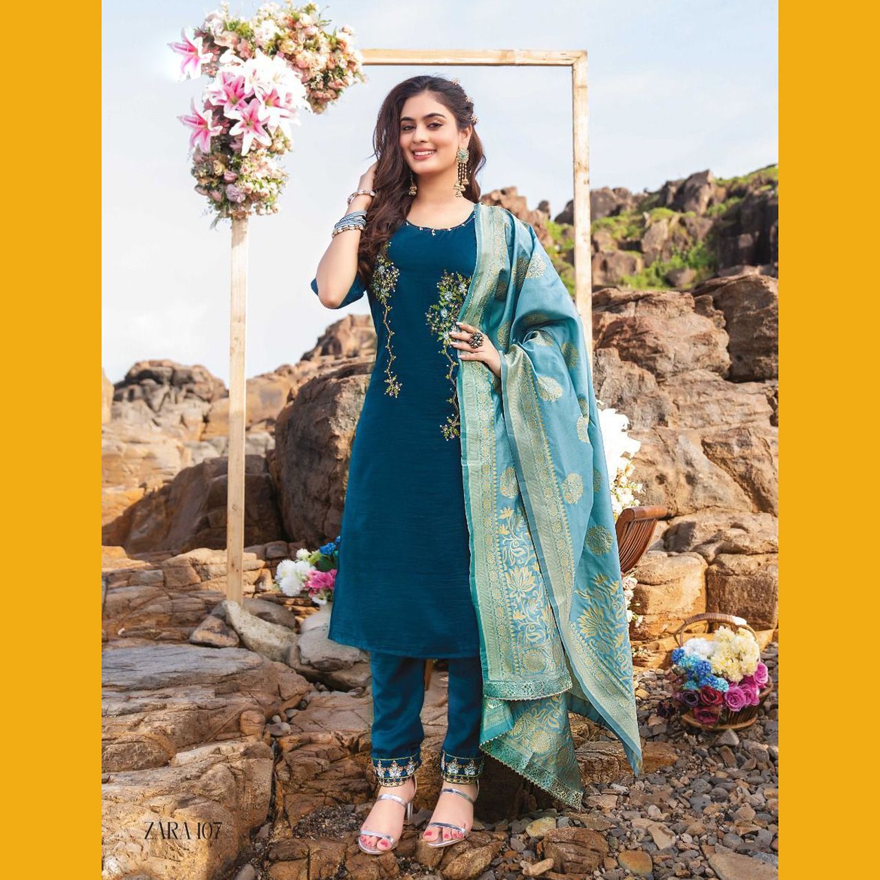 TALK BY FASHION Women Silk Embroidered Kurta with Pants & Dupatta Turquoise Blue