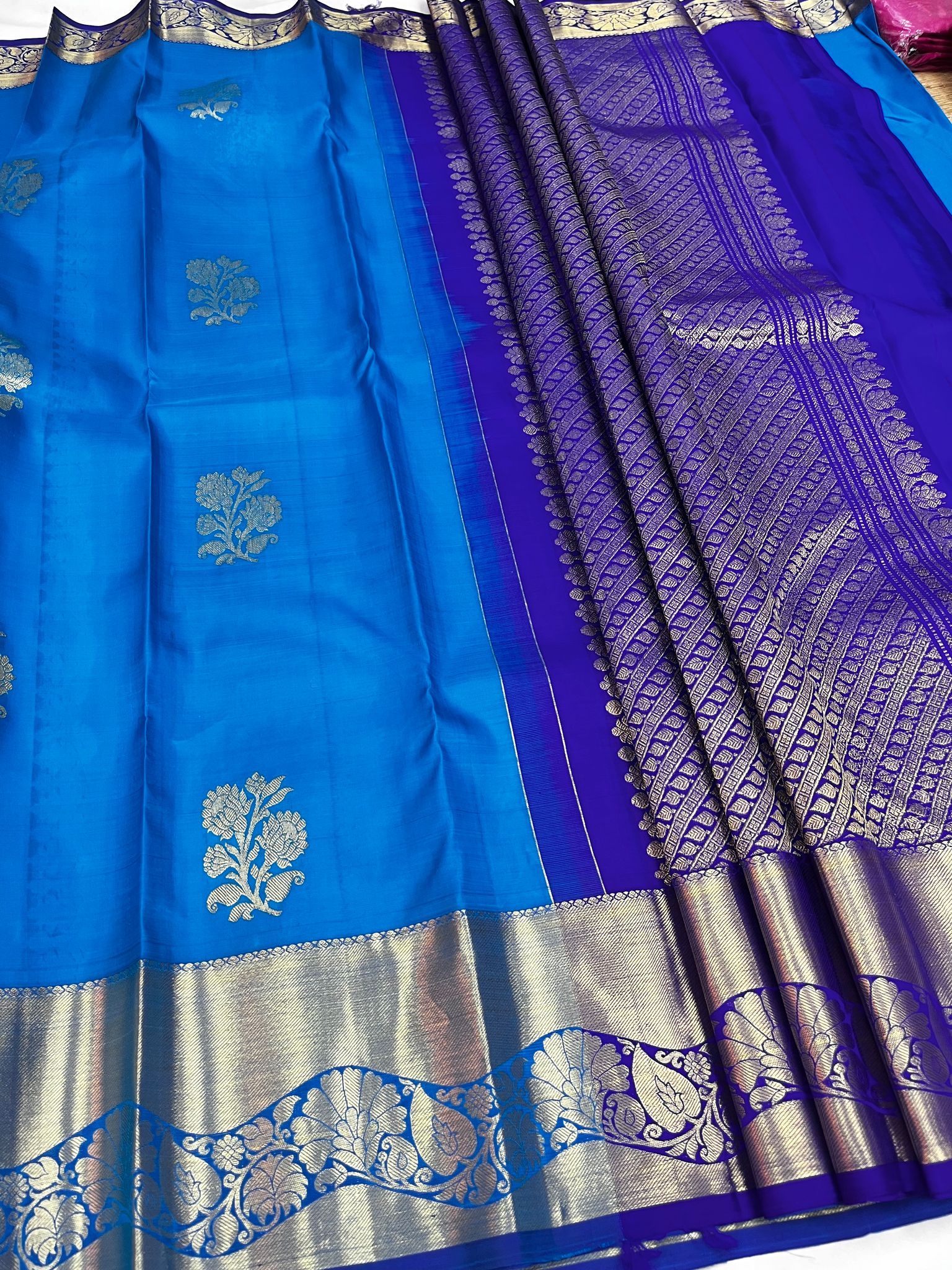 Admiral Blue Color Saree Has High Fancy Border Floral Design & Floral Butta with Unstitched Blouse