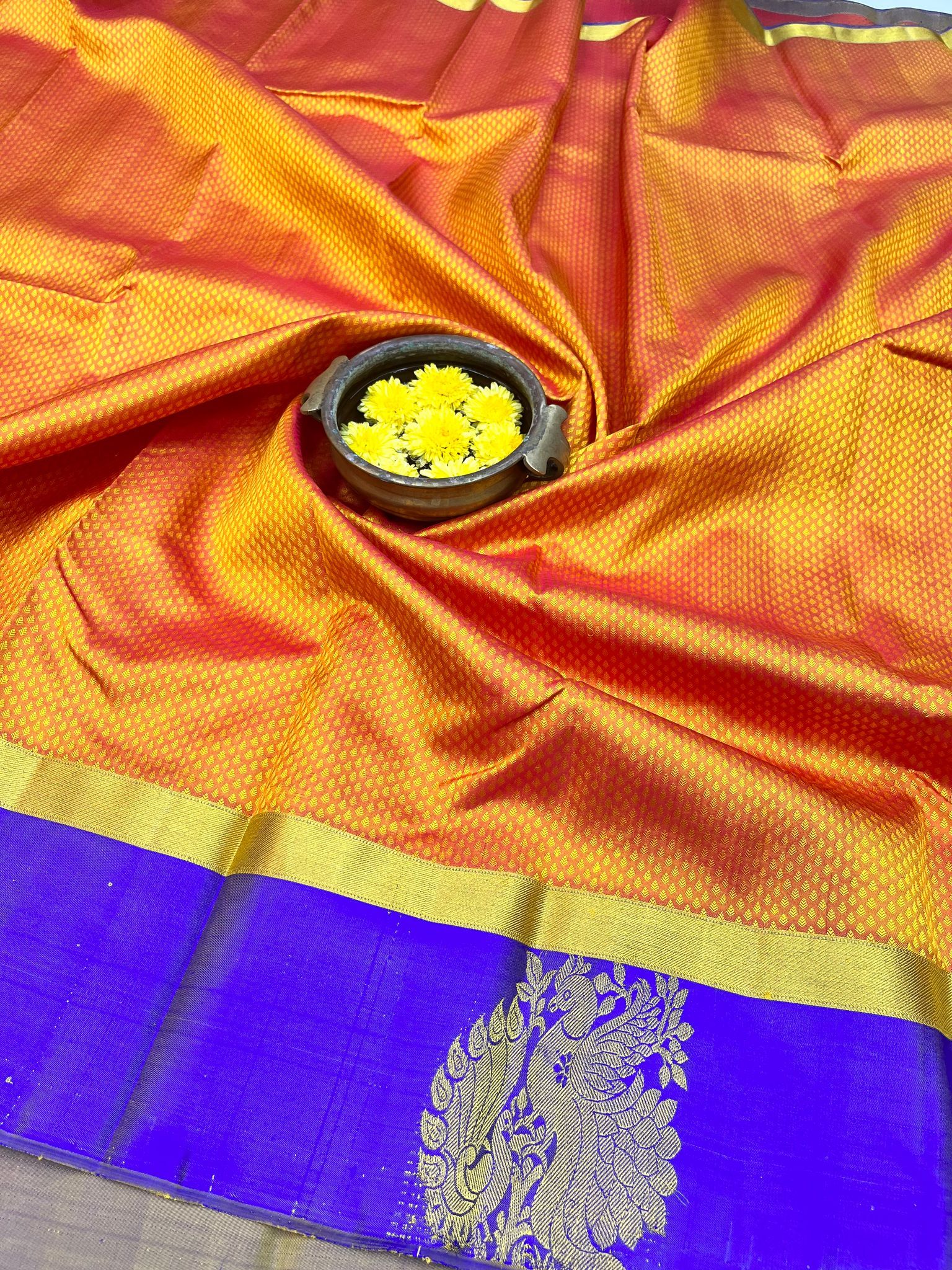 Rust Orange with Blue Color Self Body Saree Has Unstitched Blouse
