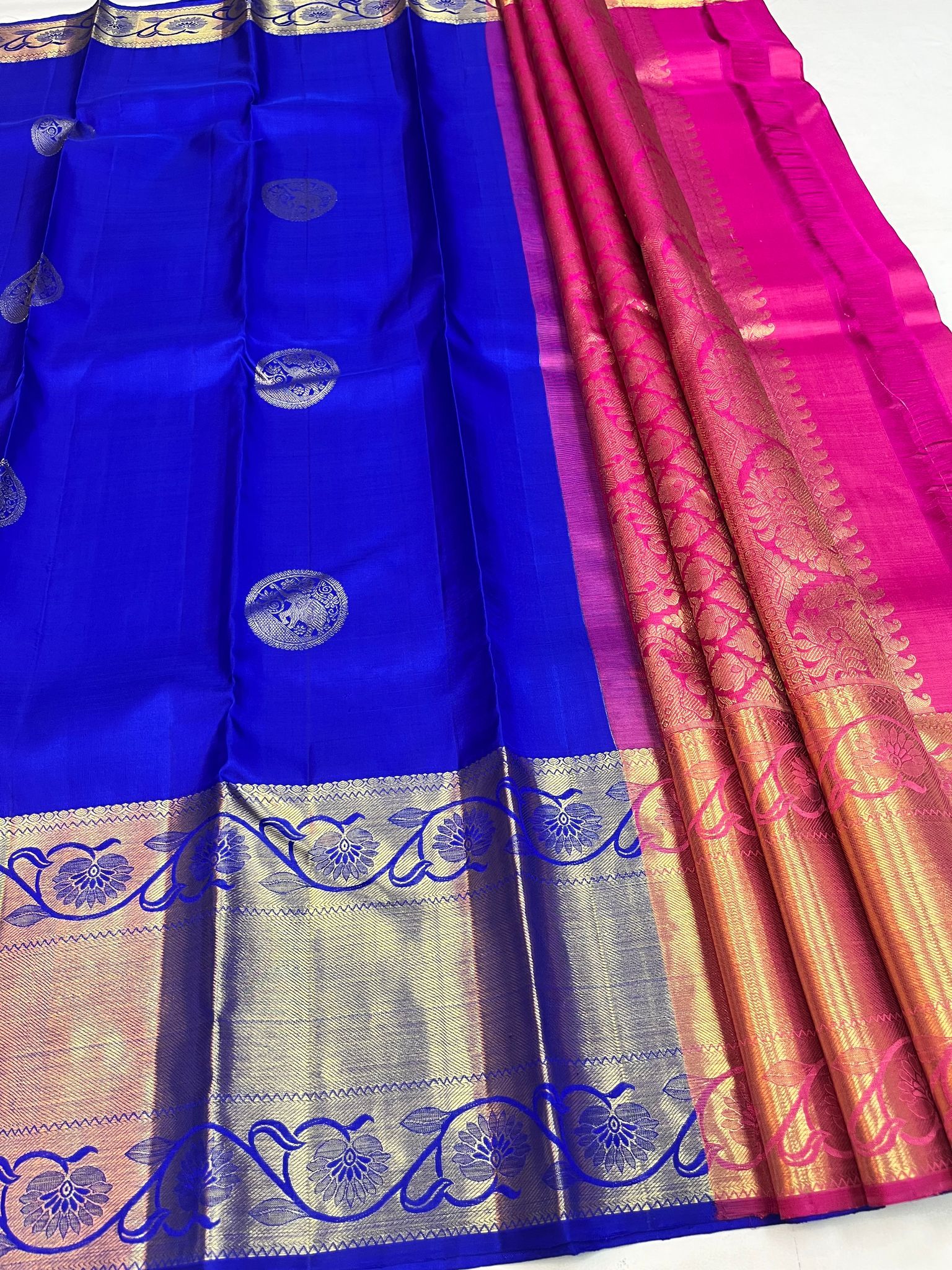 Ink Blue with Pink Has Wonderful Elephant Butta Design Pure Silk Saree with Unstitched Blouse