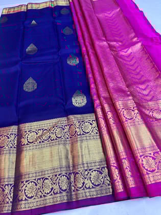 Navy Blue with pink Color Saree Has Thilagam Lotus Flower Butta with Unstitched Blouse
