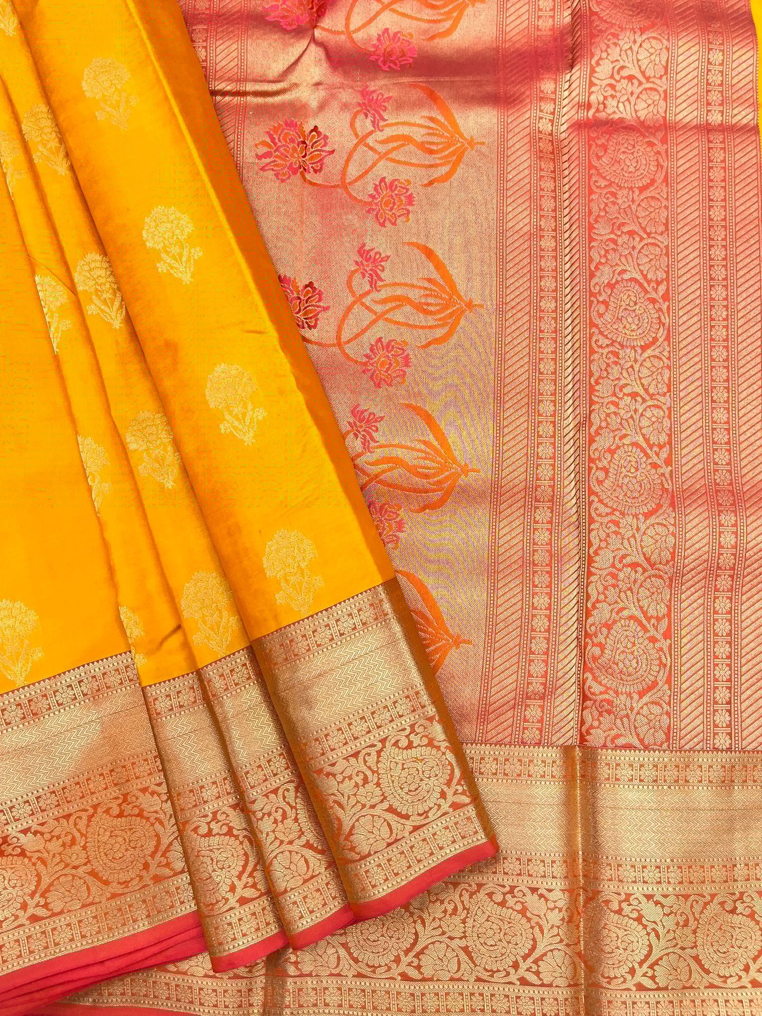 Yellow with Light Red Color Floral Butta Design Silk Saree with Unstitched Blouse