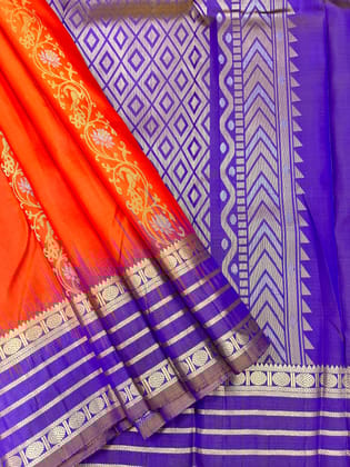 Orange with Blue Color Floral Butta Silk Saree with Unstitched Blouse