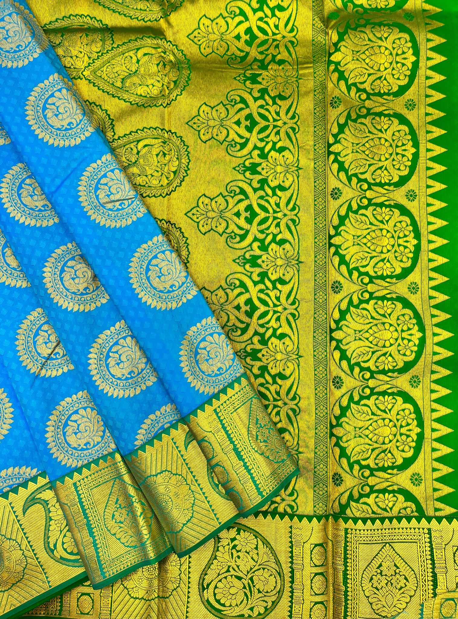 Bright Blue with Light Green Color Chakra Butta Design with Unstitched Blouse