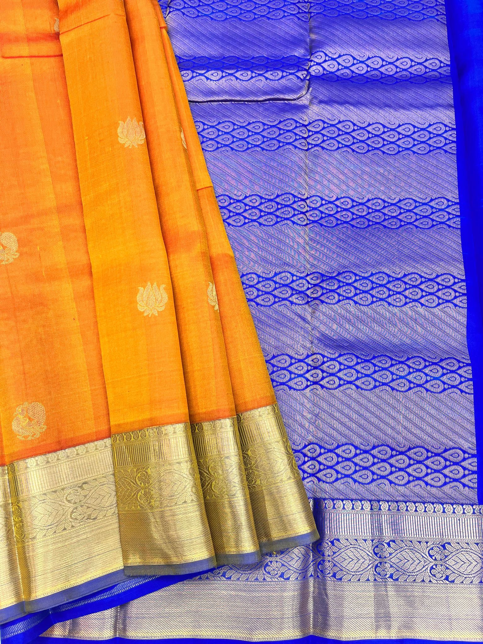 Orange with Admiral Blue Color Silk Saree Has Small Butta Design with Unstitched Blouse