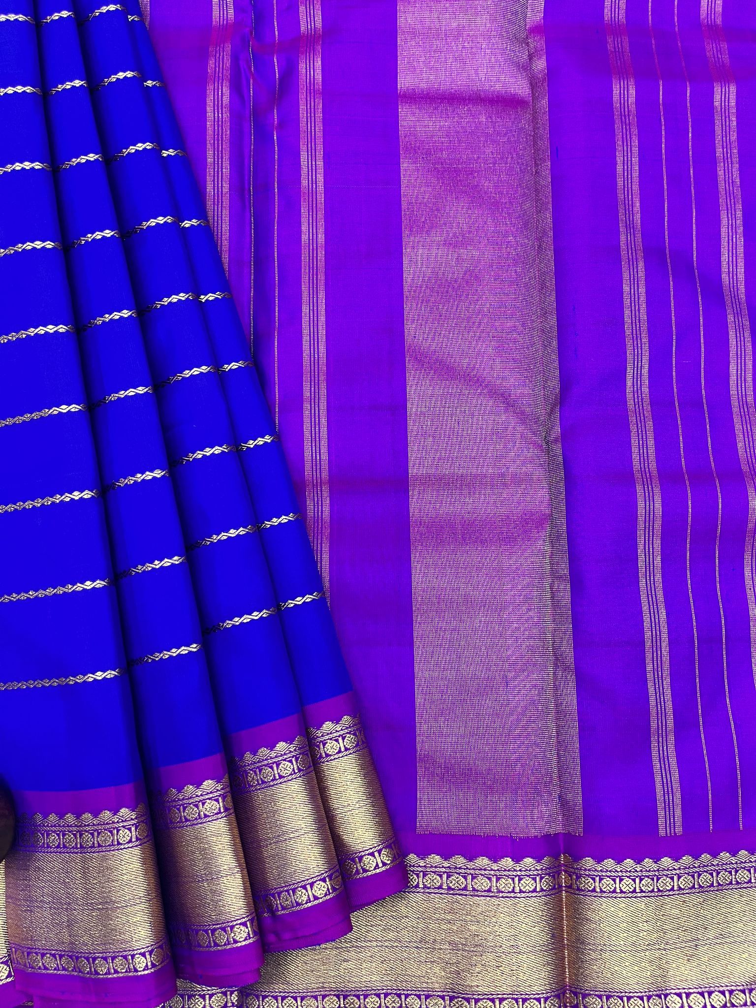 Blue with Violet Color Silk Saree Has Stripe Design with Unstitched Blouse