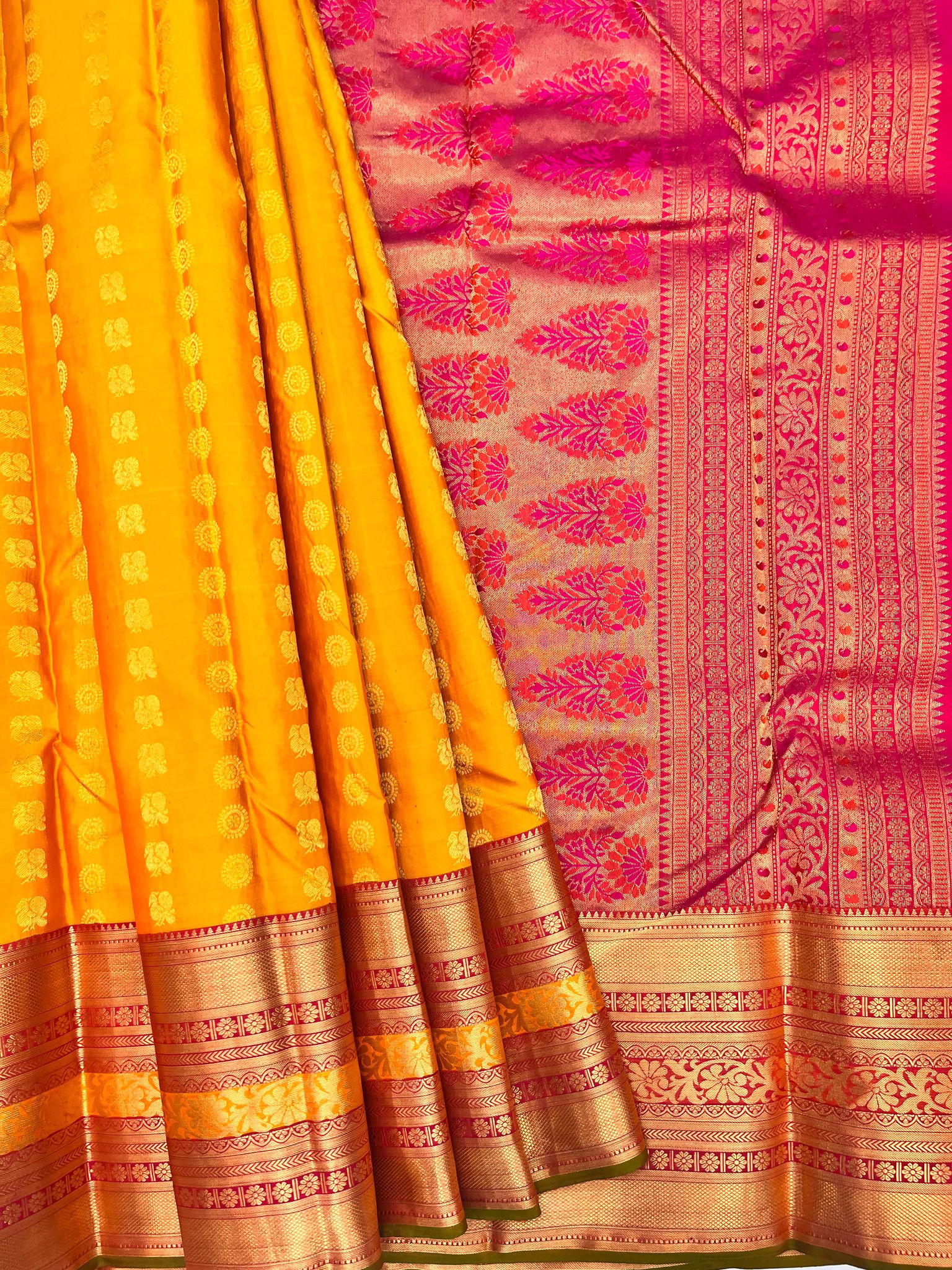 Yellow with Dark Pink Color Saree Has Double Butta Design with Unstitched Blouse