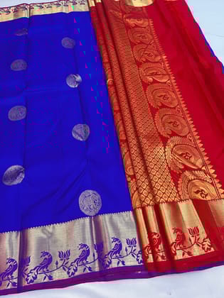 Blue with Dark Red Color Pure Silk Saree Has Peacock & Elephant Butta Design with Unstitched Blouse