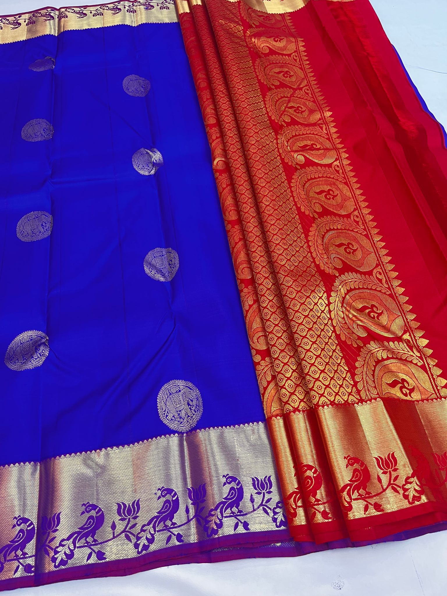 Blue with Dark Red Color Pure Silk Saree Has Peacock & Elephant Butta Design with Unstitched Blouse